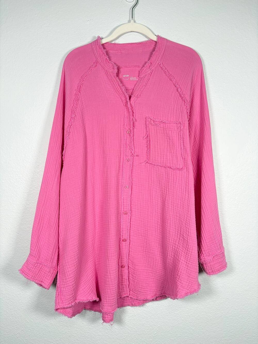 Aerie Pink Oversized Gauzy Cotton Long Sleeve Button Front Pool to Party Top